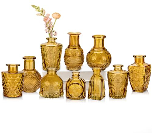 Oairse Bärnsten glas knoppvas set med 10 genomskinliga miniflaskor för blomsterarrangemang, dekorativa präglade små vaser för bordsuppsatser, bordsdekoration, fest, heminredning