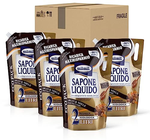 Milmil Sapone Liquido, Fragranza Argan & Miele, Ricarica Universale Maxirisparmio, Dermatologicamente Testato pH 5.5-4 x 2000 ML