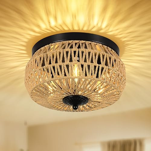 Rayofly Rattan Deckenlampe Hängend, Boho Deckenleuchte mit Rattan Lampenschirm, Vintage Deckenlampe Bambus, Rustikal Hängelampe Wohnzimmer, Schwarz Boho Korb Lampe für Schlafzimmer Küche Flur Esstisch