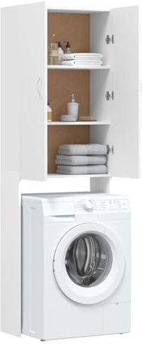 Mobile per Lavatrice, Stoccaggio Verticale 64x25,5x190 cm in Legno Multistrato con 2 Ante e 3 Scomparti for Bagno e Lavanderia