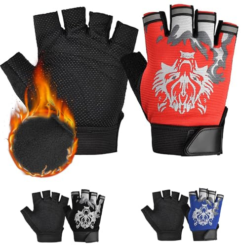 CubePlug Halbfinger-Handschuhe für Kinder, Jungen und Mädchen, zum Radfahren und Klettern, mit Gel-Polsterung, fingerlos [SPI (Red Wolf [Winterversion, L)