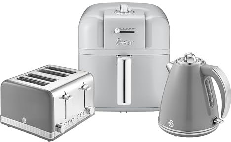 Swan Retro Kitchen Set, 1.5L Fast Boil Kettle & 4 Slice Toaster & Retro 6L Manual Air Fryer, Grey, SK19020GRN, ST19020GRN, SM22030LGRN