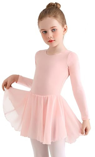 Eisnnu Kinder Ballettkleidung Mädchen Baumwolle Lange Ärmel Tanzkleid mädchen Ballettrock Balletttrikot Ballettanzug mit Chiffon Rock Tütü 2-11 Jahre (Rosa, 100)