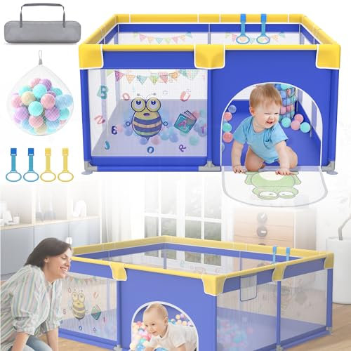 HENGMEI Laufgitter Baby 127 X 127cm Laufstall Absperrgitter Faltbar Aktivitätszentrum aus Kunststoff Mit 50 Bunten Kugeln, Atmungsaktivem Netz Sicherheitsspielplatz (Kleintier)