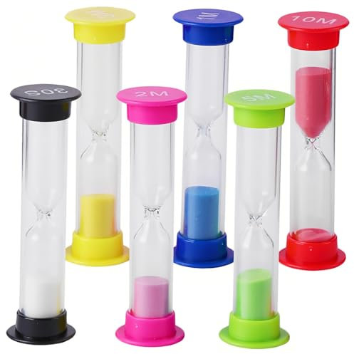 KOLZEMV 6 Stück Bunter Sanduhren für Kinder, sanduhr, Buntes Sanduhren Set 30sec, 1min, 2min, 3min, 5min, 10min, Zeitmesser Sanduhren für Klassenzimmer, Küche, Spiele und Home Office Dekoration
