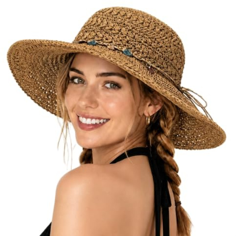 Comhats Womens Sun Hat Handmade Straw Hats UPF 50 Ladies Summer Hats Foldable Beach hat Khaki Medium
