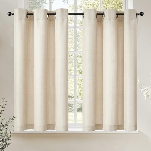 TOPICK Tende con Occhielli Tenda Passante per Bistrot Porta Finestra Balcone Stile Country Roulotte 2 Pezzi Corte con Filtro Luce Soggiorno o Doccia tenda per Interni 96L x 90A cm, Beige