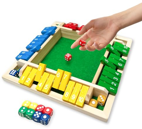 Shut The Box Game, 4-Player Wooden dice Game with 8 Dice and Shut-The-Box Instructions for Kids Adults, Educational Family Game for Learning Addition & Strategy – Montessori Toy Gift for Ages 4+