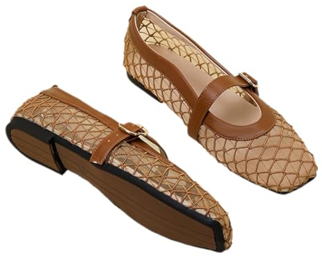 Womens Mary Janes Mesh Flats Shoes Comfortable Buckle Strap Close Square Toe Ballet Flats Comfy Casual Office Fishnet Ballerina Shoes Brown