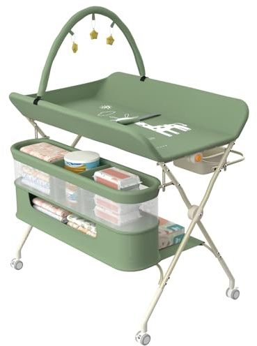 Willonin Table à Langer Mobile - Commode à Langer Pliable avec Panier de Rangement - Table à Langer pour Nouveau-nés et Tout-Petits - Réglage de la Hauteur à 5 Vitesses - Vert