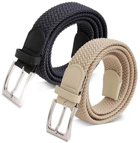 Brandybella Cintura Intrecciata Elastica Unisex, Bianco e Nero, Fibbia in Metallo, Design Casual Elegante (1, 2 pezzi in confezione, 115)