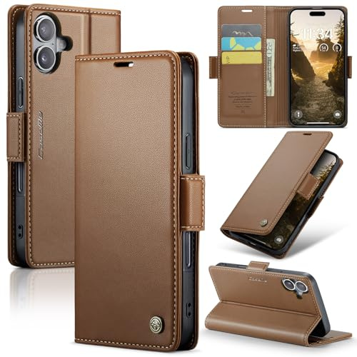Rerzoiro fodral för iPhone 17, premium PU-läder telefonfodral med RFID-blockering, ställ, kortplats, magnetiskt skydd, flip bok plånboksfodral för iPhone 17, Brun