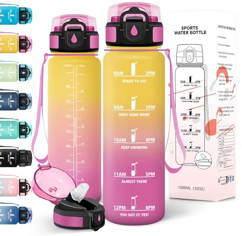 Motswedi Gourde 1l, Anti-Fuite, Gourde Paille, avec Marqueur de Temps, Bouteille d'eau, Poignée de Transport, Bouteille avec Paille, Facile à Ouvrir, pour Randonnée, Sport, Yoga, Jaune Rose
