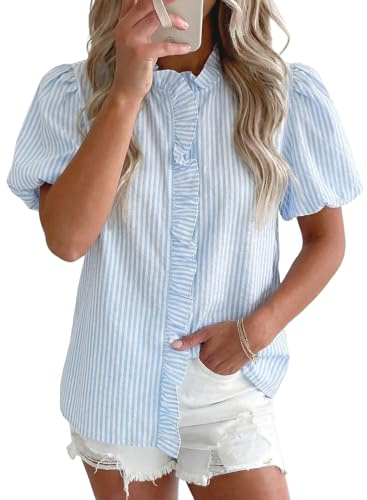Astylish Women's Ruffle Neck Short Sleeve Blouses Striped Button Down Shirts Office Casual Loose Fit Breathable Lightweight Trendy Versatile Romantic Spring Summer Tops Light Blue Small