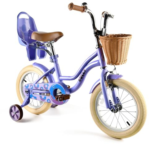 RULLY Bicicletta per bambini da 14 pollici, con ruote di supporto, cestino e sedile per bambole, sedile regolabile, bicicletta per bambini dai 3 ai 5 anni, viola