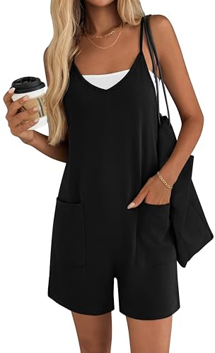 Ekouaer Dam jumpsuit U-hals ärmlös sparkdräkt racerback med fickor, kort overall, sommar, strand, lös byxdräkt S-XXL