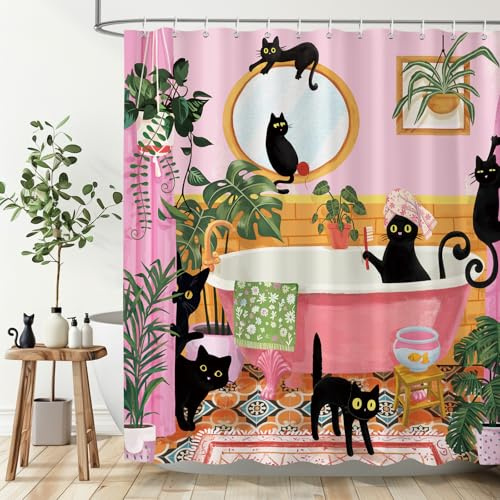 Dazzlewall Duschvorhang Schwarze Katzen 180 x 180 cm, Rosa Thema Badezimmer Party Tropenpflanzen Badevorhang für Badzimmer Wasserdicht Schimmelresistent Polyester Stoff mit 12 Haken