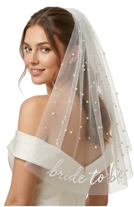 Bride to Be Veil,Schleier Braut Bridal Shower Decorations,Hen Do Party Accessories with Hair Clips and Pearl,White Bow Wedding Veil Deko Engagement Gifts SchäRpe for Bachelorette JGA Women Girls (A)