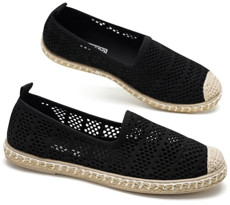 GLAMORA Alpargatas Mujer Caladas Slip On Punto Transpirable Zapato Plano Ligero Flexible Suela Goma Efecto Esparto Crochet Puntera Cerrada Comodo Verano Sin Cordones