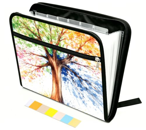 WEBEEDY Dossier d'Expansion à 13 Poches Organisateur de Fichiers Portatif Accordéon avec Fermeture Éclair et Étiquettes,Organisateur de Documents Papier Format A4 pour Voyage(Motif Arbre Aquarelle)