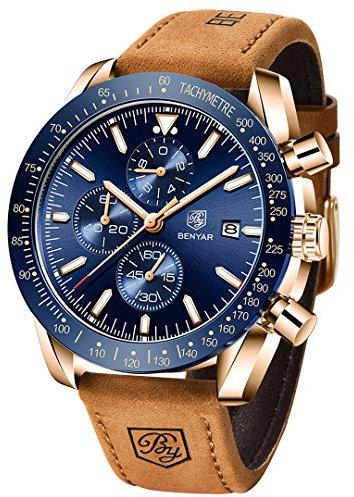 BENYAR Herren Uhren Quarzuhr Fashion Business Sports Wasserdichter Chronograph Geschenk Analoguhr Armbanduhr (Braunblau)
