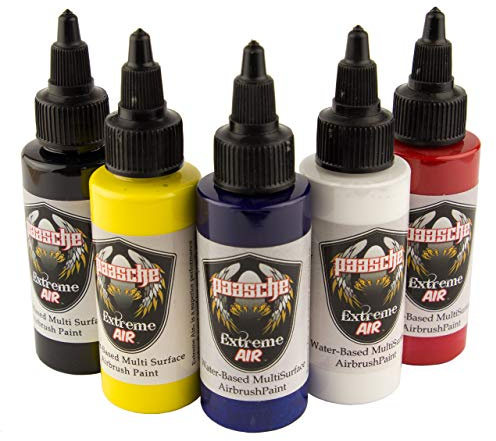 Paasche Airbrush Extreme Air Paint 5 Pack - 2-Ounces Bottles of Black, White, Red, Blue & Yellow