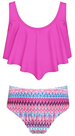 SHEKINI Mädchen Sport Zweiteiler Badeanzug Rüschen Breites Schultergurter Weste Tankini Set Bademode Gedruckt Badehose Sommer Bikini für 6-14 Jahre （8-10 Jahre,Fluoreszierendes Rosa