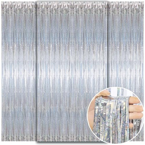 WD&CD Lametta Vorhänge Silber，3 Stück 1x2m Metallische Glitzervorhang Fringe, Glitzer Folien Fransen für Party Deko, Geburtstag Deko, Hochzeit Deko, Happy Birthday Deko, Baby Shower Deko