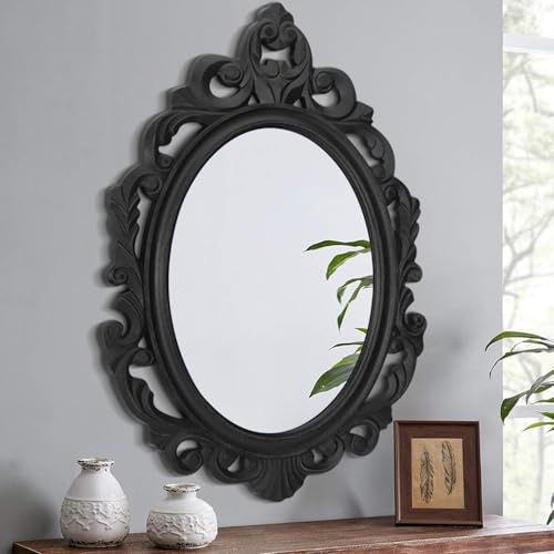Lzuso Black Wall Mirror Baroque Style Vintage Oval Mirrors for Wall Wooden Hanging Arendahl Traditional Unique Mirror Decorative for Bathroom Bedroom Living Room Entryway decor 70x50cm