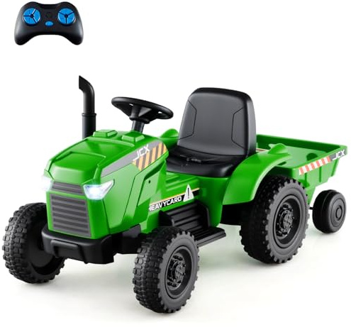 Costzon Ride on Tractor with Trailer, 12V Battery Powered Electric Vehicles with Remote Control, Music & Lights, Kids Tractor Ride on Toy with Shockproof EVA Wheels, Gift (EVA Tires, Green)