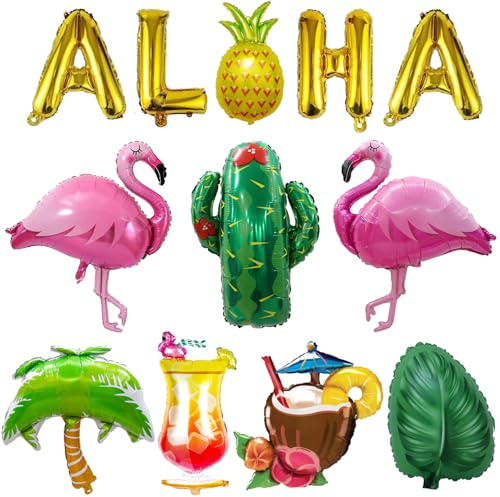 LMSHOWOWO 12 Piezas Decoración Hawaiana Fiesta, Globos Hawaianos Globos Flamenco Piña, para Tropical Verano Aloha Piscina Playa Niños Decoraciones de Fiesta Cumpleaños