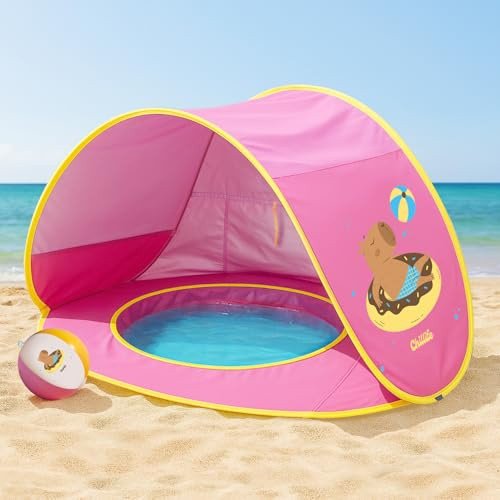Chillife Tente de Plage Pop Up I Tente Plage Bebe Anti UV avec Protection UV 50+ et Pare-Vent I Ballon Design Capybara bac à Sable Piscine I Fenêtre zippée pour 2 Personnes