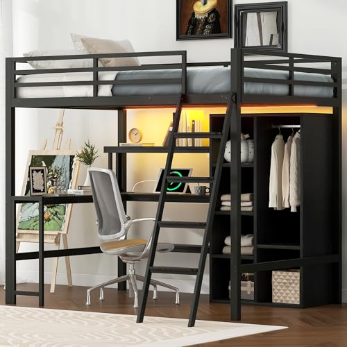 YuQozii 140 x 200 - Cama alta de metal con escalera, escritorio integrado, armario abierto, estación de carga USB e iluminación ambiental, color negro