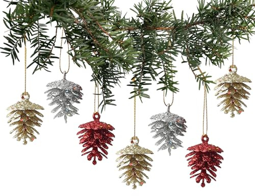 DAHI Set di 18 Glitterati Decorazioni Pigne per Albero di Natale - Pigne Decorative Natalizie da Appendere - Ciondoli in Plastica - Palline di Natale (3 colori 55 x 40 mm)