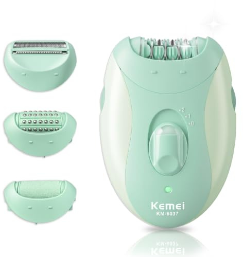 KEMEI 6037 4-in-1 Electric Epilator for Women, Built-in LED Light, Green | 4 Interchangeable Heads, Stainless Steel Blades, Bikini Trimmer for Face, Legs & Underarms