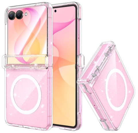 HWeggo för Galaxy Z Flip 8 fodral magnetisk, klar glitter glänsande bling | Inbyggt skärmskydd, gångjärnsskydd smal stötsäkert söt kvinnor flicka fodral för Samsung Galaxy Z Flip 8