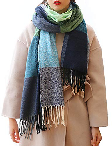 Loritta Womens Scarf Fashion Long Plaid Shawls Wraps Big Grid Winter Warm Lattice Large Scarves Gifts, Green Water Blue Plaid