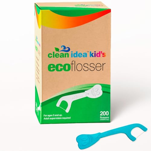 Clean Idea Kids EcoFlossers 200ct, Easy to Hold Kids Flossers, Fun & Colorful Kid Flossers, Natural Kid Floss, Plastic Free Biodegradable Floss Picks, Toddler Flosser Stick