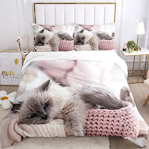 JEFFEL Katze Bettwäsche Set 135 x 200 cm, Tiermotiv, Kinderbettwäsche, Cat Muster Bettbezug 3D Haustier Katze Bettbezug Set, mit Bettbezug und Kissenbezug (135 x 200 cm, Katze-5)