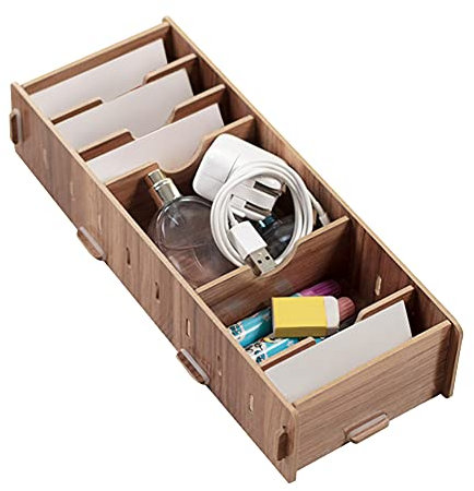 ZLXHDL Visitenkartenbox Holz – Schreibtisch Organizer mit 4 variablen Trennwänden, Aufbewahrungsbox aus Holz 28 x 10,9 x 6,1 cm – Büro Organizer für Schublade oder Tisch, Kirschholz
