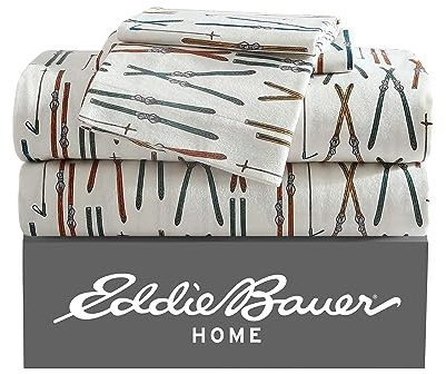 Eddie Bauer - Queen lakan, bomull flanell sängkläder set, borstad för extra mjukhet, mysig heminredning (skidlinje vit, drottning)