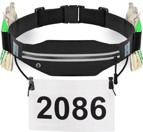 Cintura sottile da corsa con numero di gara, per triathlon, corsa, pettorali, con 6 anelli in gel energetico, per allenamento, jogging, triathalon, maratona, corsa e ciclismo, 01 Nero, Taglia unica