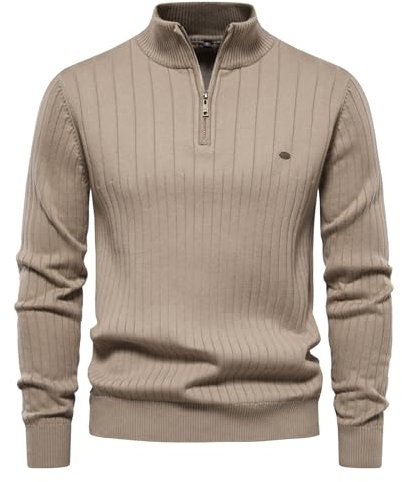 SRZYMJ Male Strickpullover Khaki Herren Polokragen Pullover Langarm Feinstrick Polo Strickpullover Basic Einfarbig Männer Pulli Poloshirt Hausanzug Winter Sportjacke Mit Reißverschluss Und Tasche L