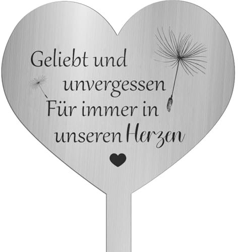 TJUSPIRIT Wetterfest Grabstecker Herz Edelstahl mit Gravur Geliebt und unvergessen Für Immer in unseren Herzen Grabdekoration Grabschmuck