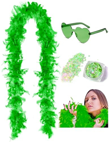 Boà di piume da 45g (2 iarde) con glitter e occhiali a forma di cuore - Per donne e ragazze - Addio al nubilato, Halloween e costumi (Verde)