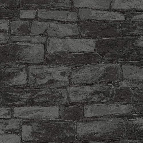 Black Bricks Wall - Metallic Details Shimmer - Rustic Industrial Wallpaper Vinyl - Paste The Wall