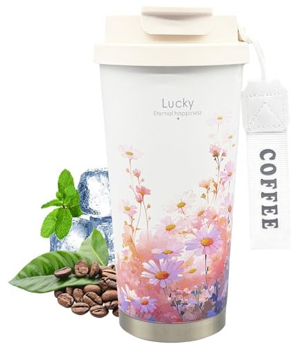 fluorehoso Gobelet à café à emporter, 520 ml, gobelet isotherme, gobelet de voyage en acier inoxydable avec couvercle anti-fuite, gobelet pour voiture, double paroi isolée, marguerites blanches