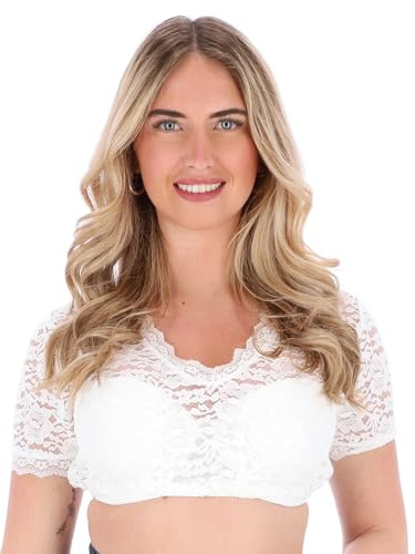 STEIGENHÖFER Women's Bavarian Dirndl Blouse with V-Neck – Oktoberfest Lace Top White Short Sleeve – German Trachten Shirt for Festival & Beer Garden – with V-Neck – White - 42
