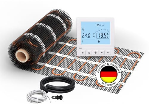 Chauffage au sol électrique pour carrelage : tapis chauffant WARMON Ultra 200 W/m² avec thermostat numérique TS 50 blanc, dimensions du tapis : 10 m²