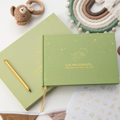 PROENMU® Album Fotos Bebe Primer Año + Lápiz Metálico + Caja Regalo con Cierre Magnético + Pegatinas | Libro Recuerdos Bebe | Album Bebe Recien Nacido hasta los 5 Años (Español)